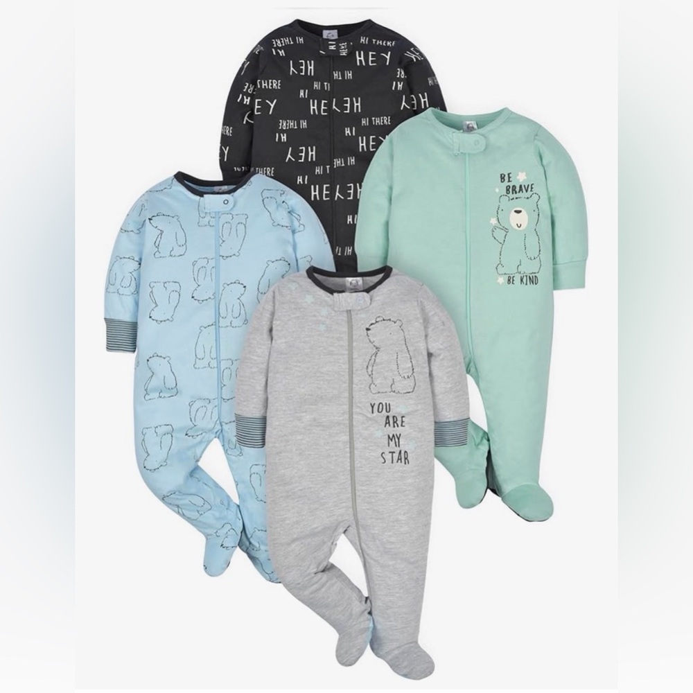Gerber 4-Pack Bear & Graphic Footed One-Pieces (Black, Light Blue, Gray, Mint)